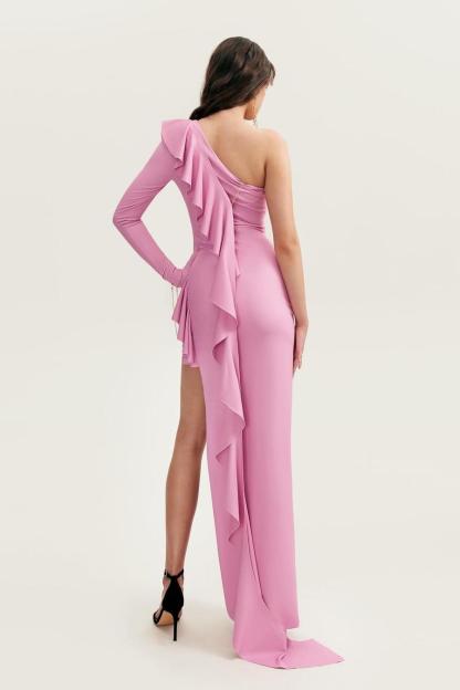 One Shoulder Long Sleeves High Split Long Prom Dress With Ruffles