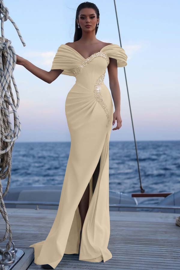 Off the Shoulder Sleeveless Long Mermaid Prom Dress With Sequins