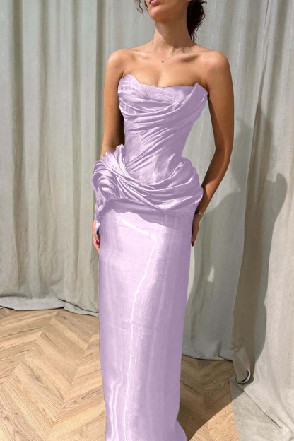 Chic Strapless Sleeveless Long Prom Dress With Ruffles Pleated