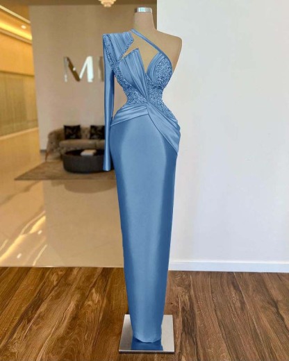 Long Sleeve One Shoulder Long Prom Dress With Pleated Appliques