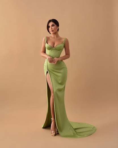 Sage Mermaid Spaghetti Strap Sleeveless Long Prom Dress With High Split