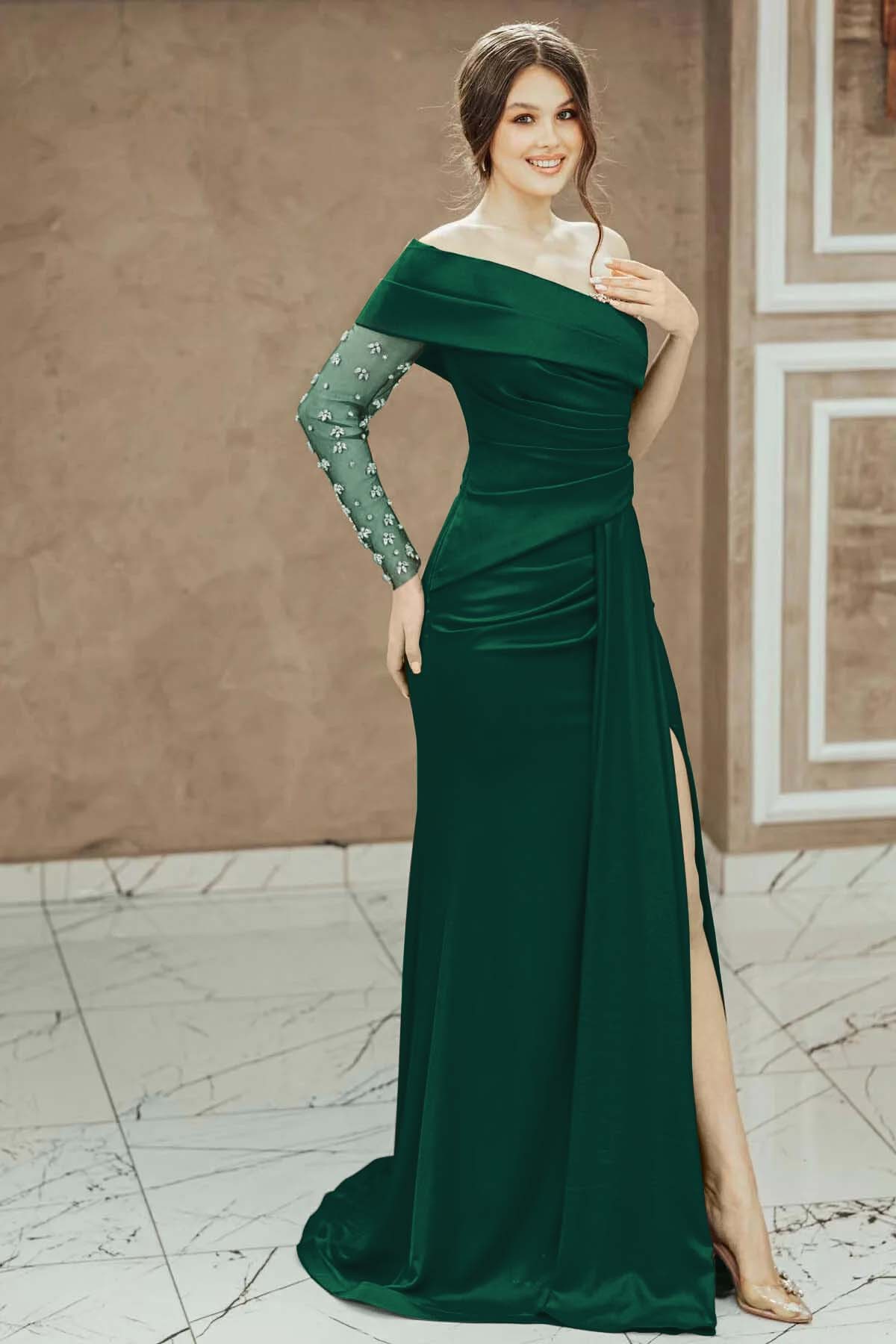 Red Beadings One Shoulder Pleated Prom Dress Split Mermaid With Long Sleeve