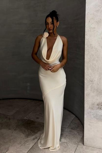 White Halter Sleeveless Mermaid Long Prom Dress With Pleated