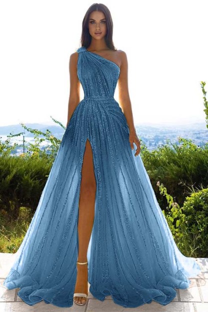 Tulle Sequins One Shoulder A Line Long Prom Dress Daffodil With Front Split