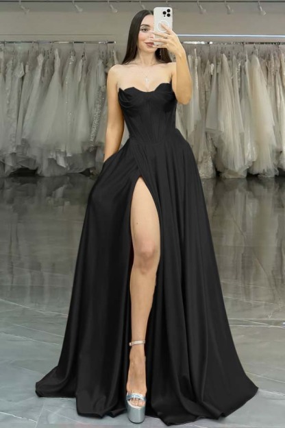 Strapless Sleeveless Long High Split Prom Dress With Pleated