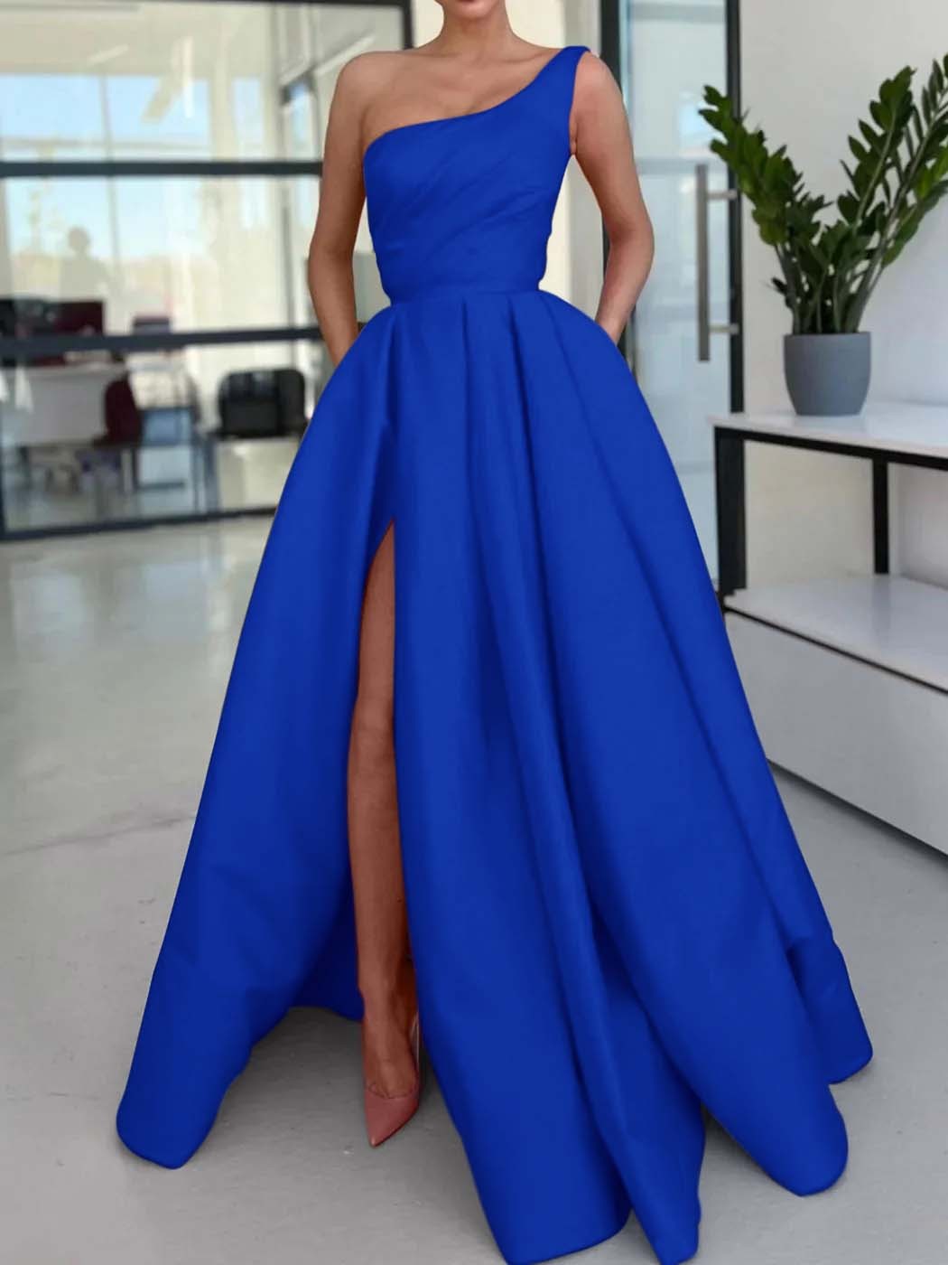 One Shoulder Sleeveless Long High Split Prom Dress With Pockets
