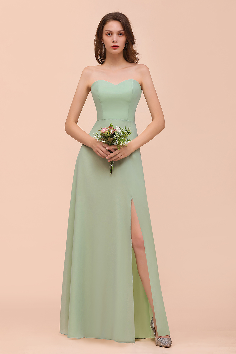 BMbridal Affordable Strapless Front Slit Long Dusty Sage Bridesmaid Dress-BMbridal