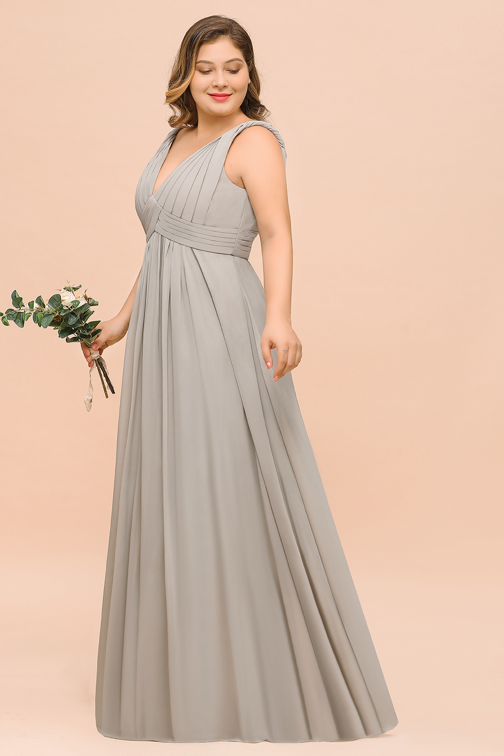 BMbridal Plus Size Chiffon V-neck Sleeveless Affordable Bridesmaid Dress with Ruffle-BMbridal