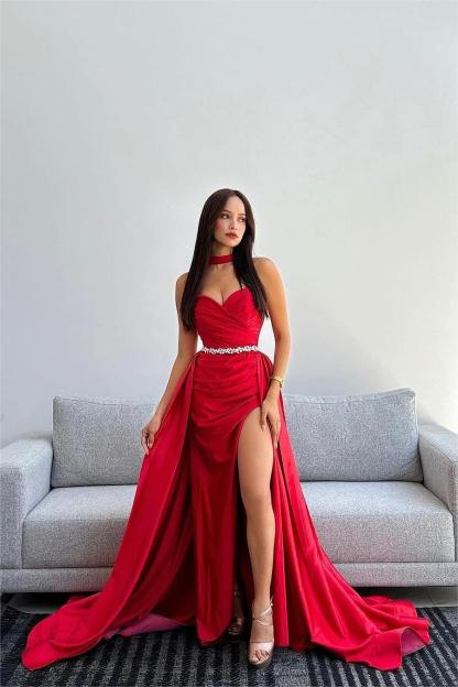 Black Halter Strapless Sweetheart  Sleeveless Mermaid Split Prom Dress With Gloves