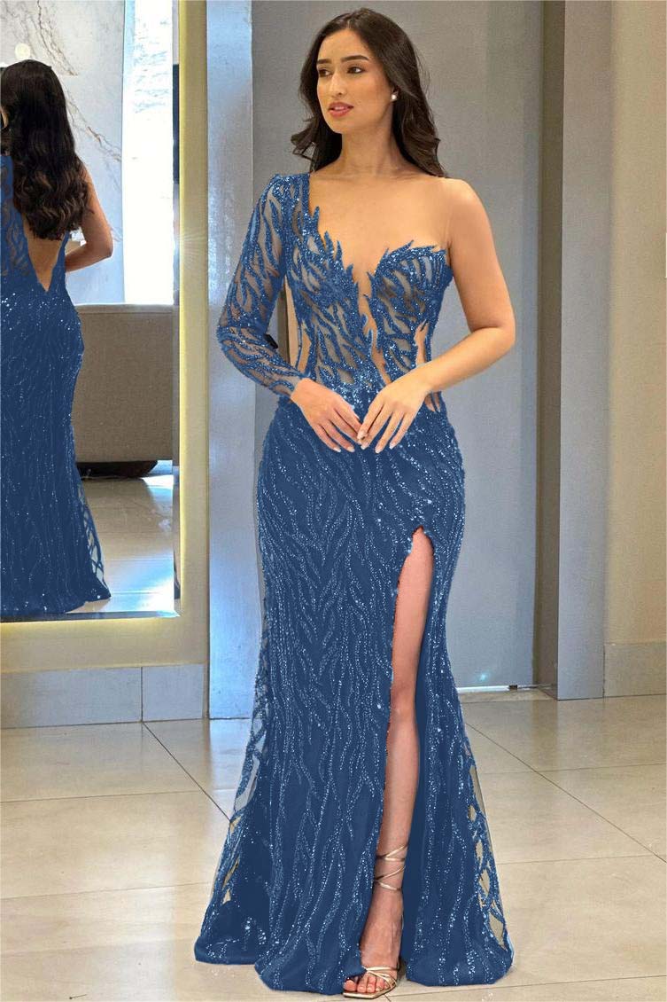 One Shoulder One Long Sleeve Backless Mermaid Split Prom Dress With Appliques