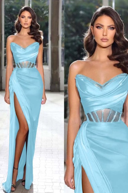 Strapless Sleeveless Long Mermaid Prom Dress With Split Pleated
