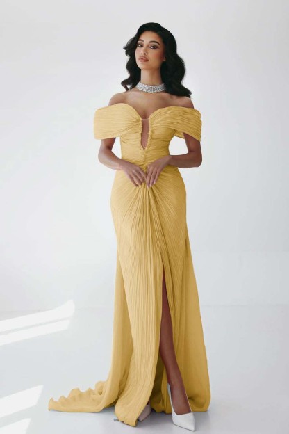 Off the Shoulder Sleeveless Long Mermaid Prom Dress With Ruffles Pleated