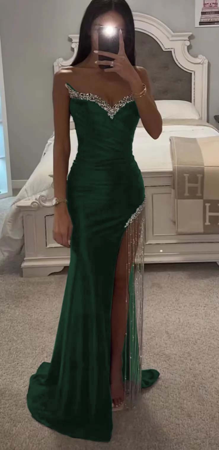Strapless Sleeveless Long Mermaid Prom Dress With Split Tassel Beading