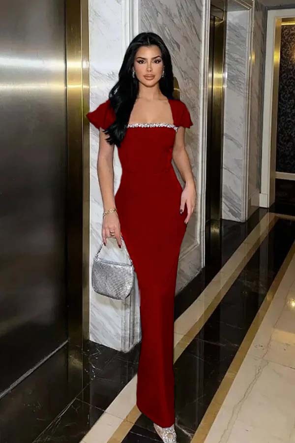 Sleeveless Square Neck Long Mermaid Prom Dress With Pleated Beading