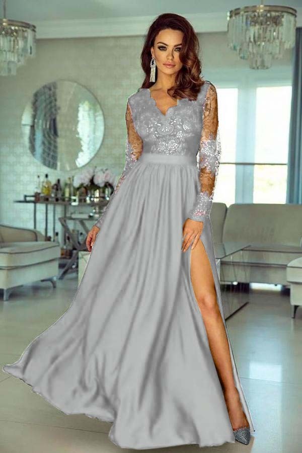 Charming V Neck Long Sleeves Lace A Line Long Prom Dress With Side Split