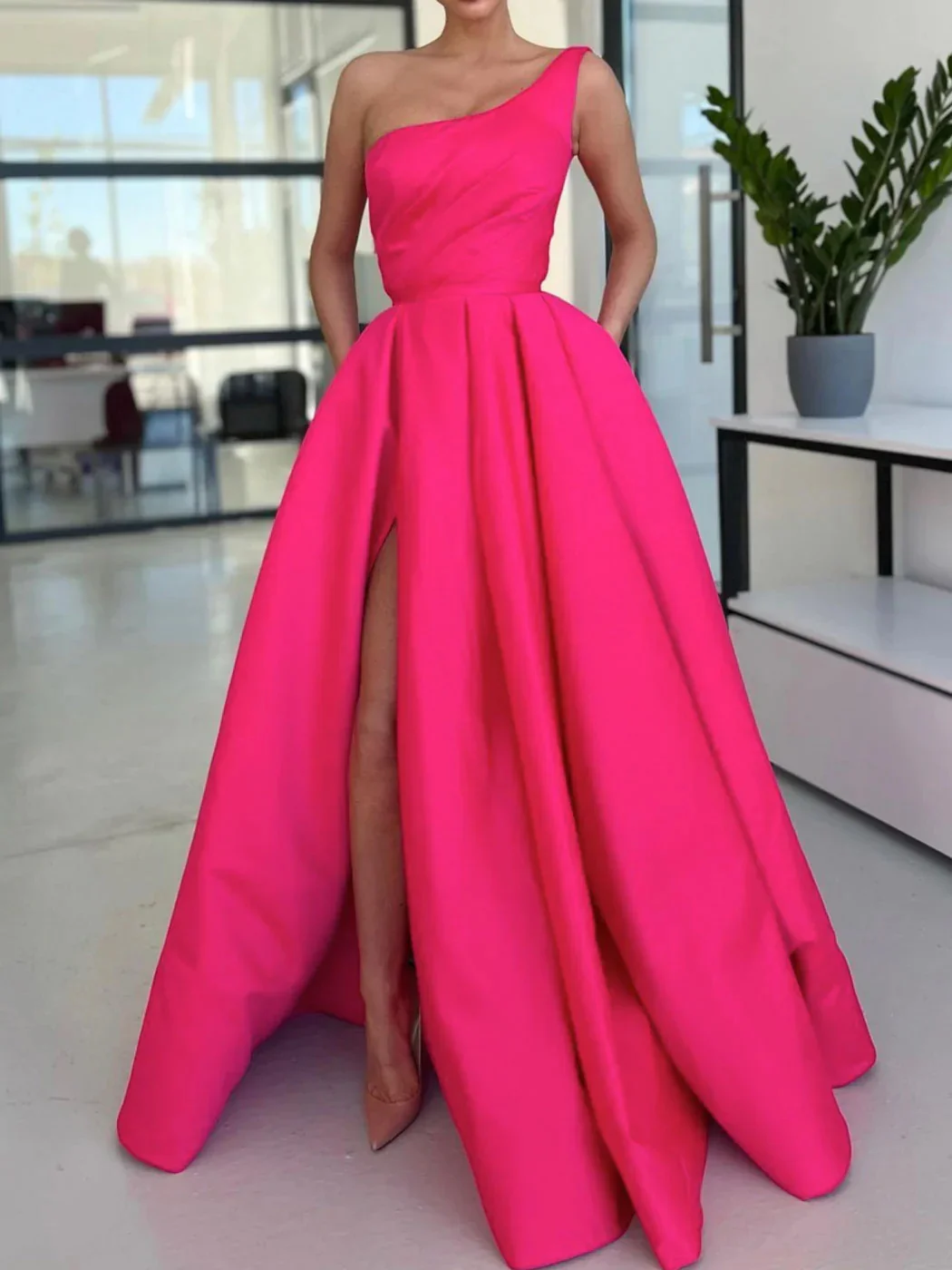 One Shoulder Sleeveless Long High Split Prom Dress With Pockets