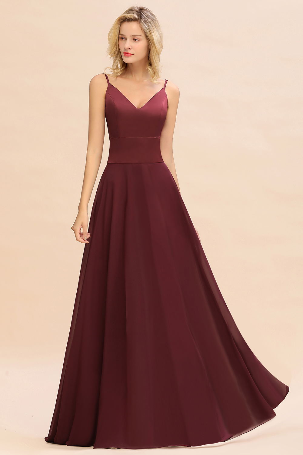 BMbridal Simple Satin Chiffon Spaghetti-Straps Burgundy Long Bridesmaid Dress-BMbridal