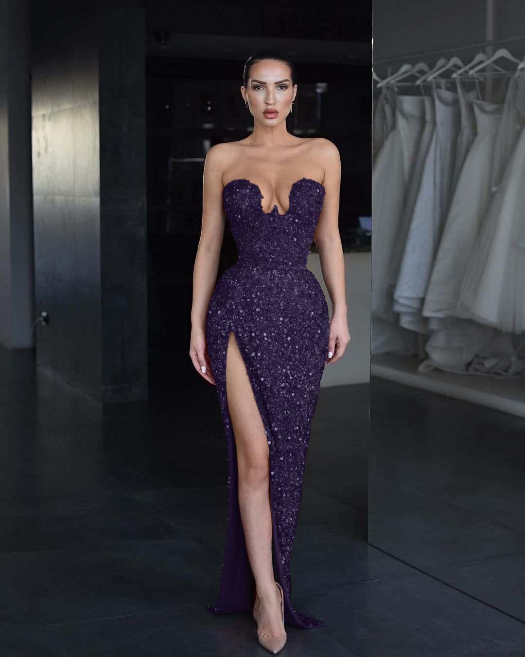 Strapless Sleeveless Long Mermaid Split Prom Dress With Sequins