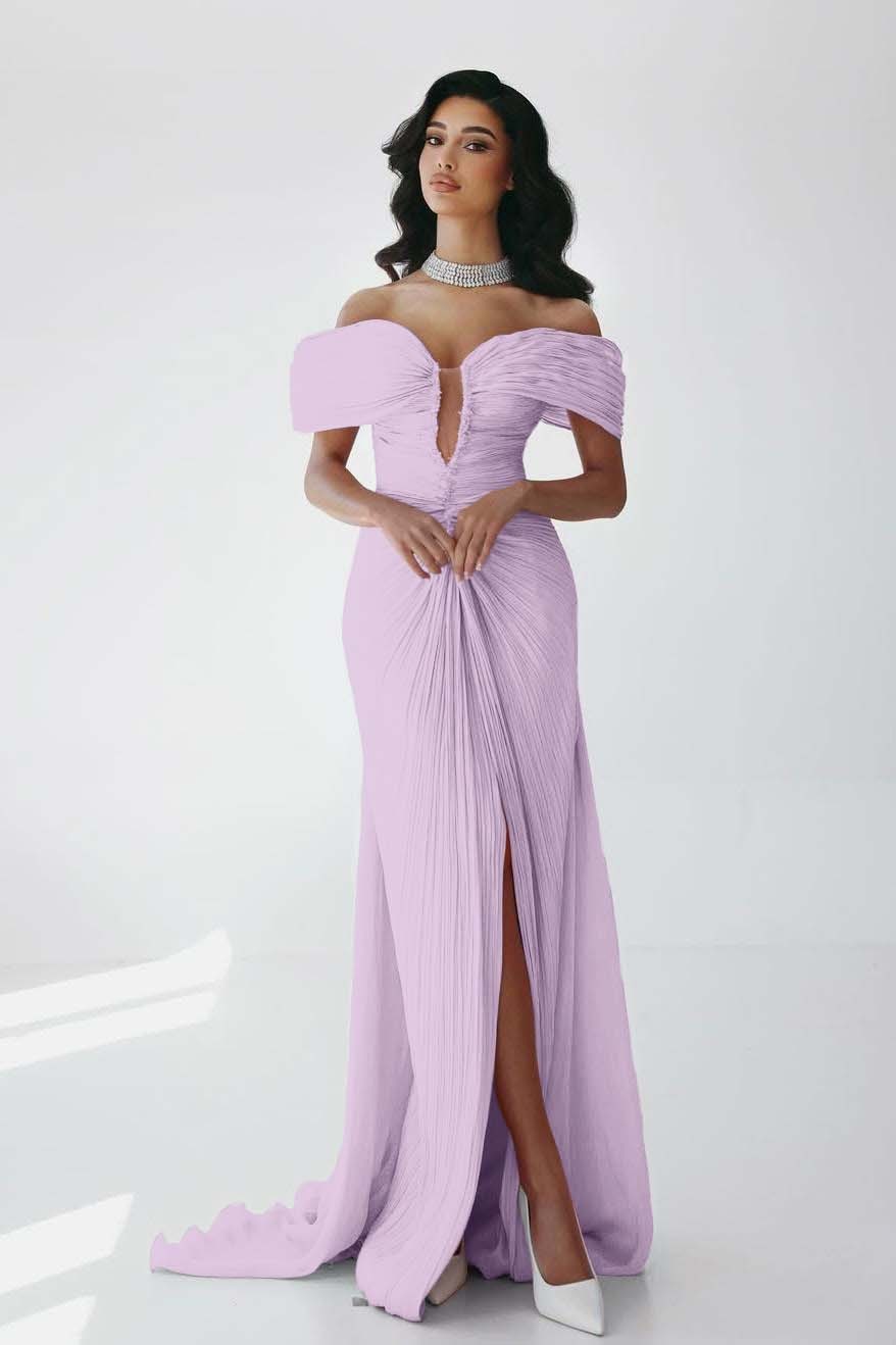 Off the Shoulder Sleeveless Long Mermaid Prom Dress With Ruffles Pleated