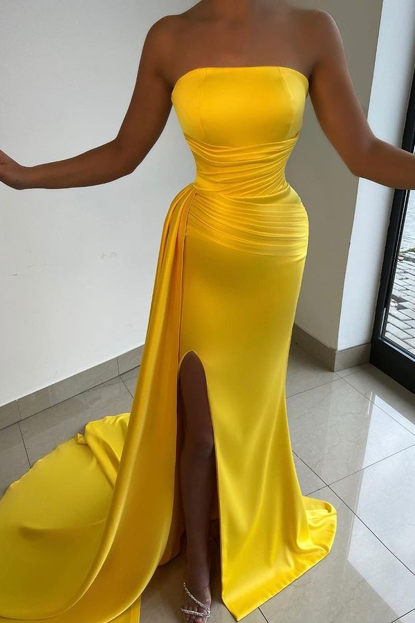 Yellow Strapless Sleeveless Ruffles Prom Dress Court With Split