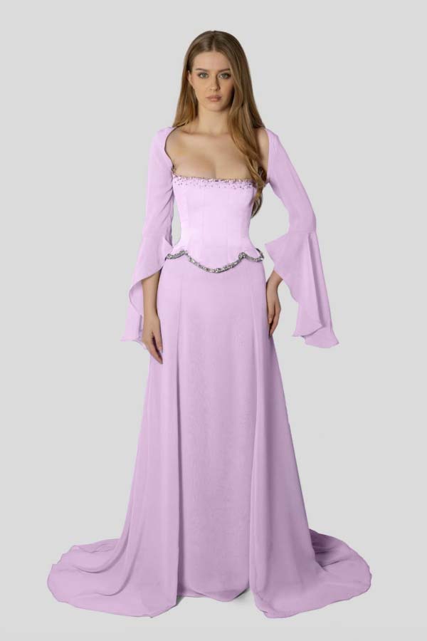 Chiffon Long Sleeves Long Mermaid Prom Dress With Beading Pleated