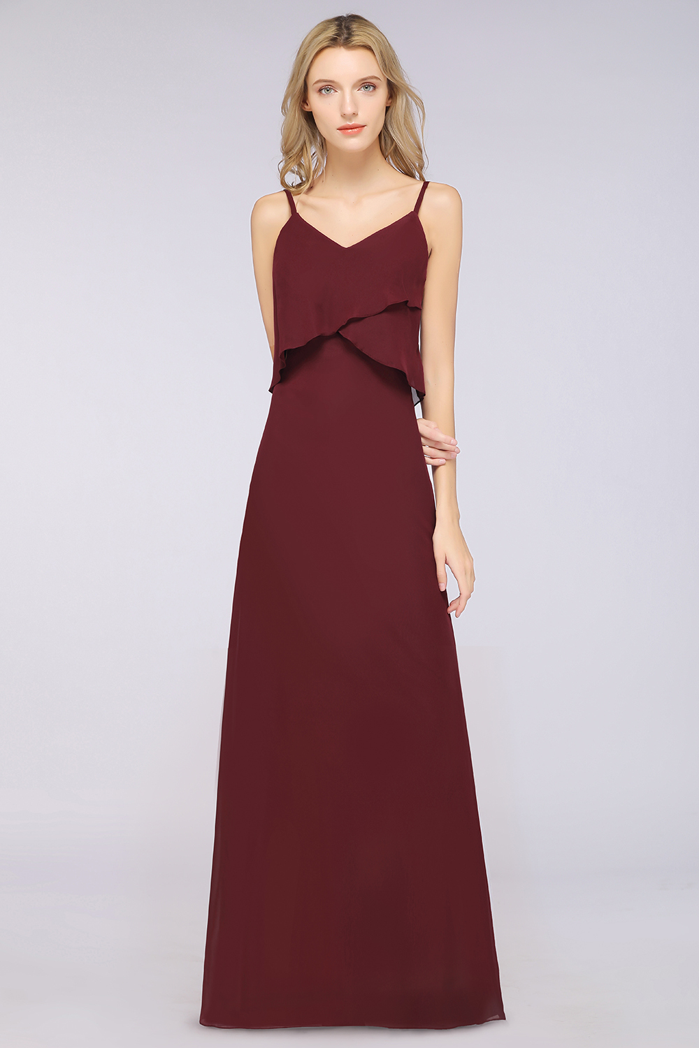 BMbridal Affordable Spaghetti-Straps V-Neck Burgundy Chiffon Bridesmaid Dresses-BMbridal