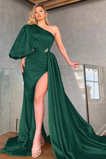 Chic Mermaid One Shoulder Long Sleeve High Split Prom Dress With Ruffles