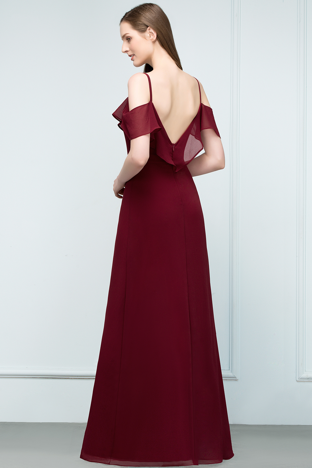 BMbridal Affordable Off-the-shoulder Burgundy Chiffon Bridesmaid Dress With Spaghetti Straps-BMbridal