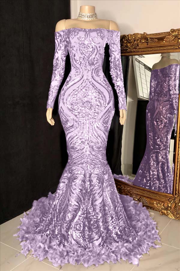 Long Sleeves Strapless Mermaid Prom Dress Sequins Burgundy With Feather