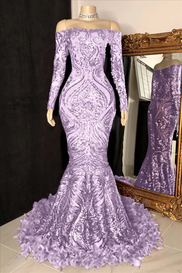 Long Sleeves Strapless Mermaid Prom Dress Sequins Burgundy With Feather