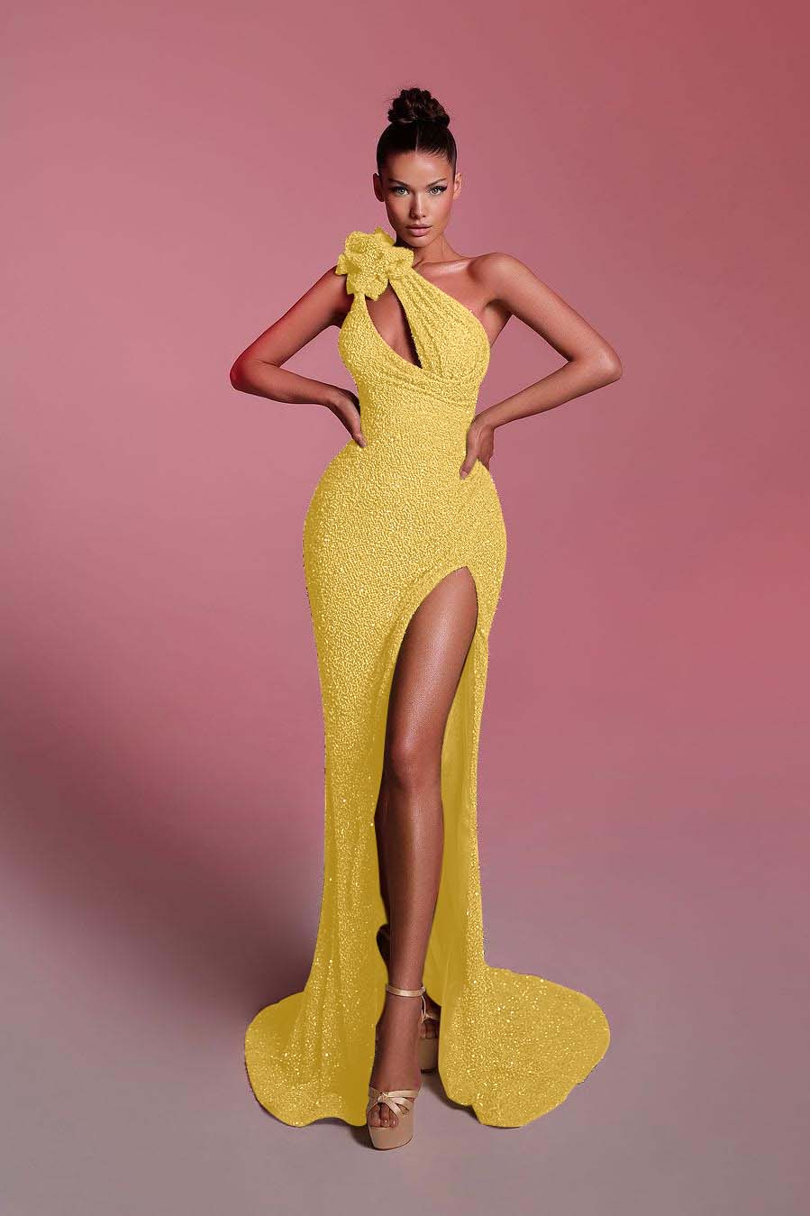 Charming Sequins One Shoulder Sleeveless Long Prom Dress With Front Split