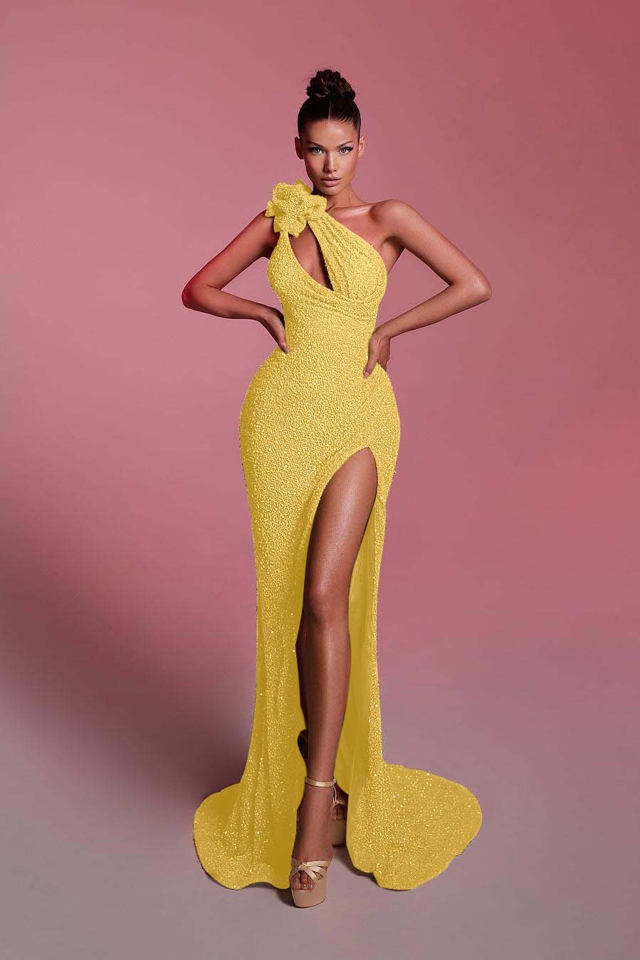 Charming Sequins One Shoulder Sleeveless Long Prom Dress With Front Split