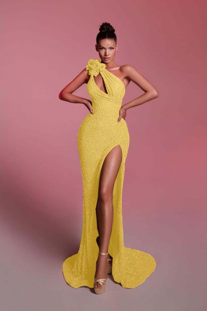 Charming Sequins One Shoulder Sleeveless Long Prom Dress With Front Split