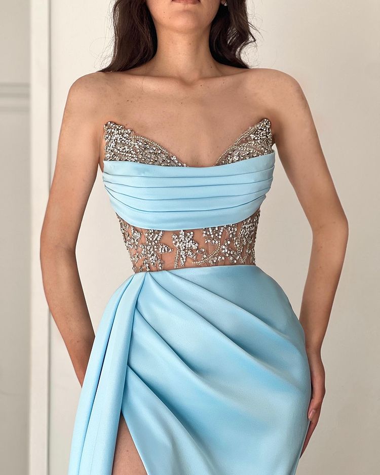 Modern Sky Blue Strapless Mermaid Prom Dress Split With Beading