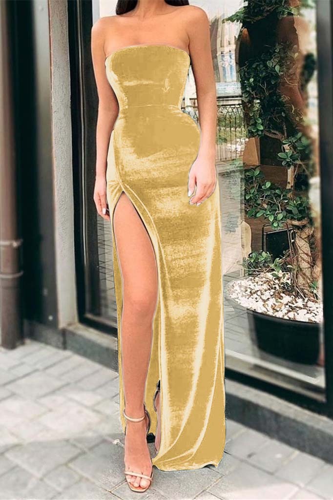 Chic Black Strapless Sleeveless Long Mermaid Prom Dress With Front Split