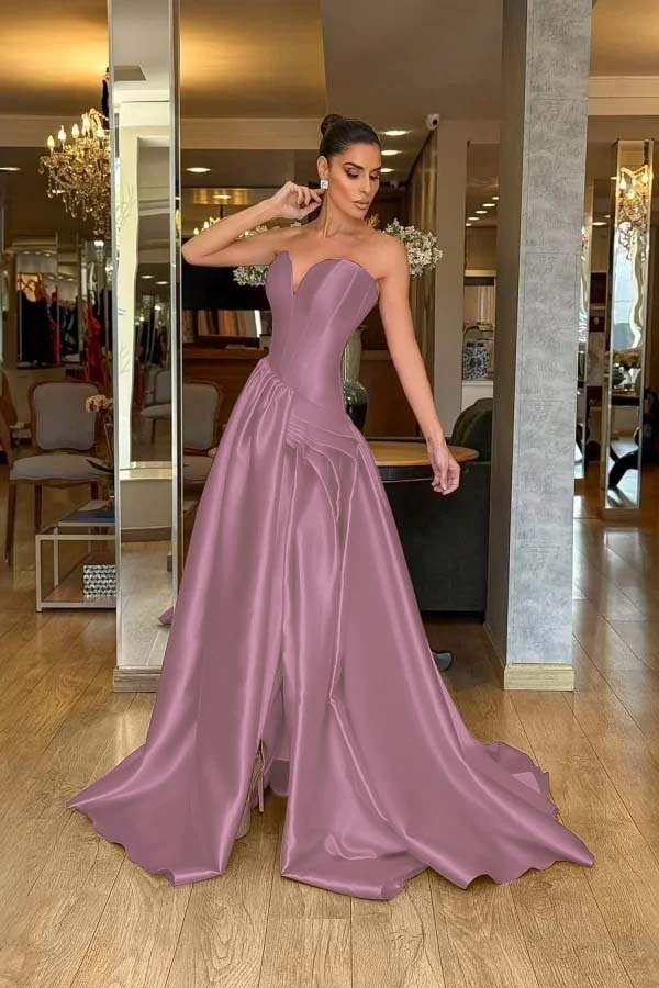 Stunning Strapless Sleeveless Long Split Prom Dress With Pleated