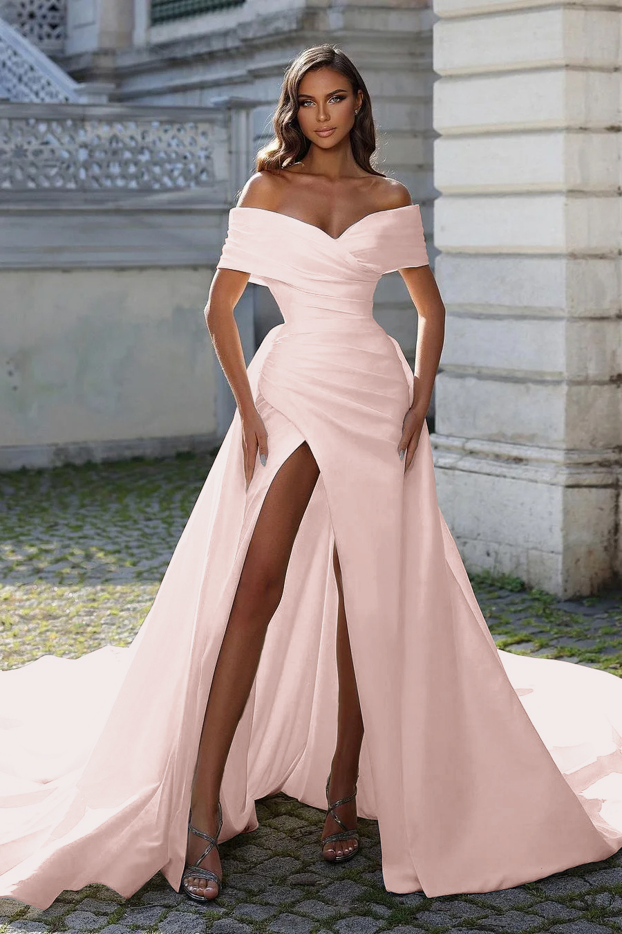 Off the Shoulder Sleeveless High Split Long Prom Dress With Pleated