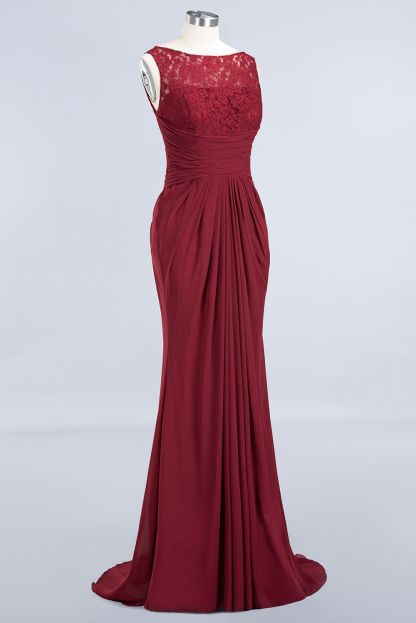 BMbridal Mermaid Scoop Sleeveless Lace Burgundy Bridesmaid Dresses with Pleats-BMbridal