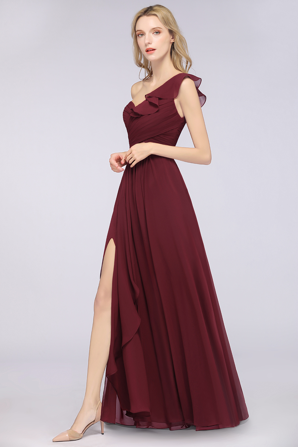 BMbridal Gorgeous Sweetheart Ruffle Burgundy Chiffon Bridesmaid Dress With One-shoulder-BMbridal