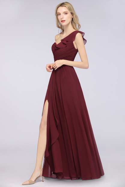 BMbridal Gorgeous Sweetheart Ruffle Burgundy Chiffon Bridesmaid Dress With One-shoulder-BMbridal