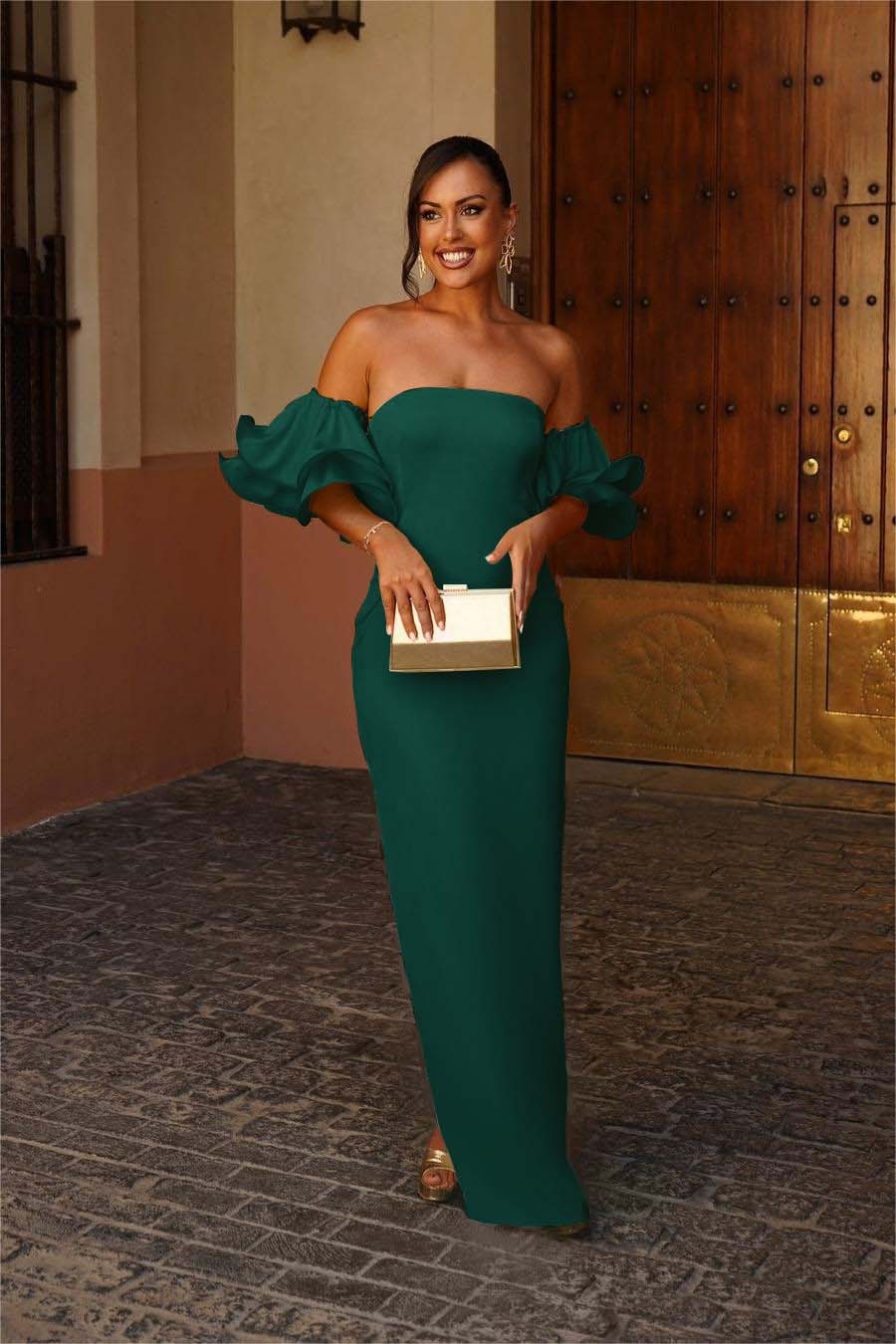 Strapless Bubble Sleeves Mermaid Long Prom Dress With Pleated