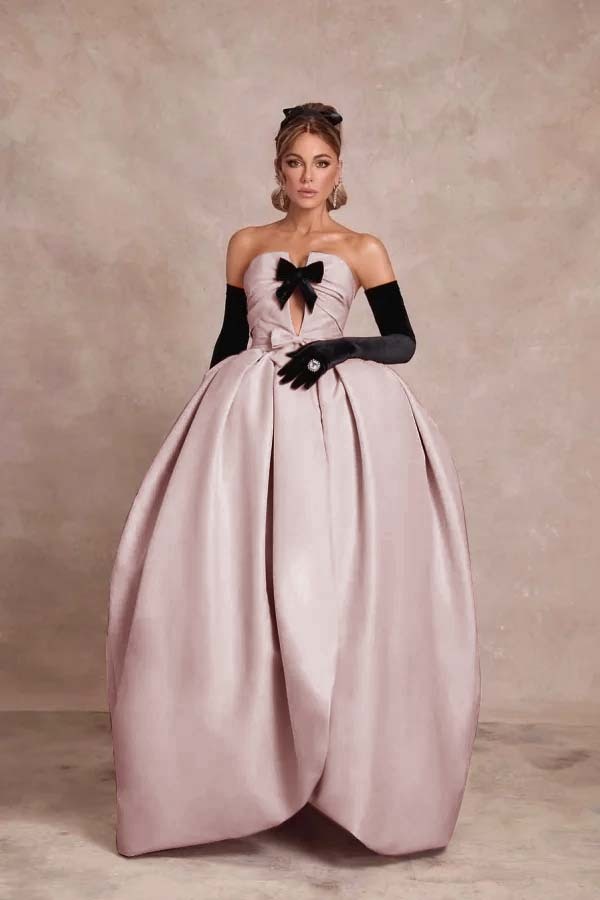 Strapless Sleeveless Long Ball Gown Prom Dress With Long Gloves