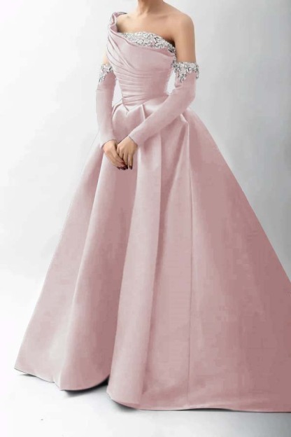 One Shoulder A Line Long Prom Dress With Beading Detachable sleeves