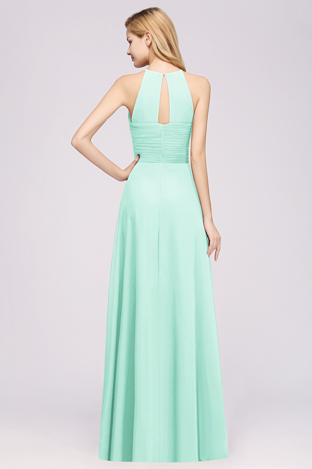 BMbridal Halter Crisscross Pleated Bridesmaid Dress Blue Chiffon Sleeveless Maid of Honor Dress-BMbridal