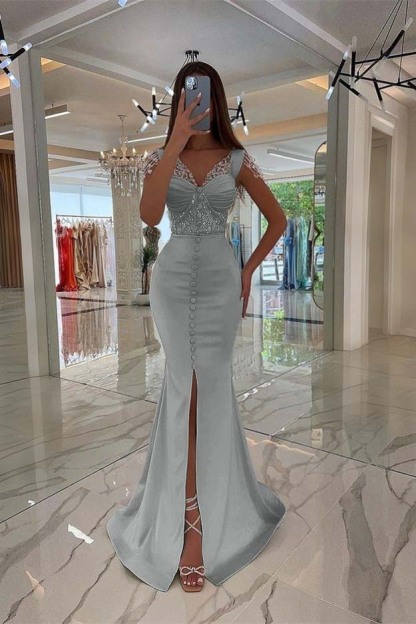 Amazing Mint Green Cap Sleeves Prom Dress Long Front Slit With Buttons Beads
