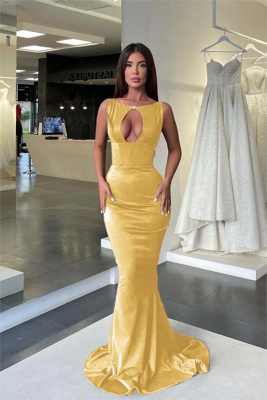 Jewel Neck Sleeveless High Waist Mermaid Prom Dress With Pleated