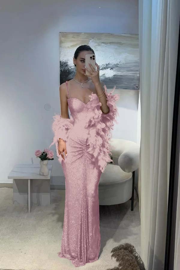 Spaghetti Strap Sleeveless Long Mermaid Prom Dress With Sequins