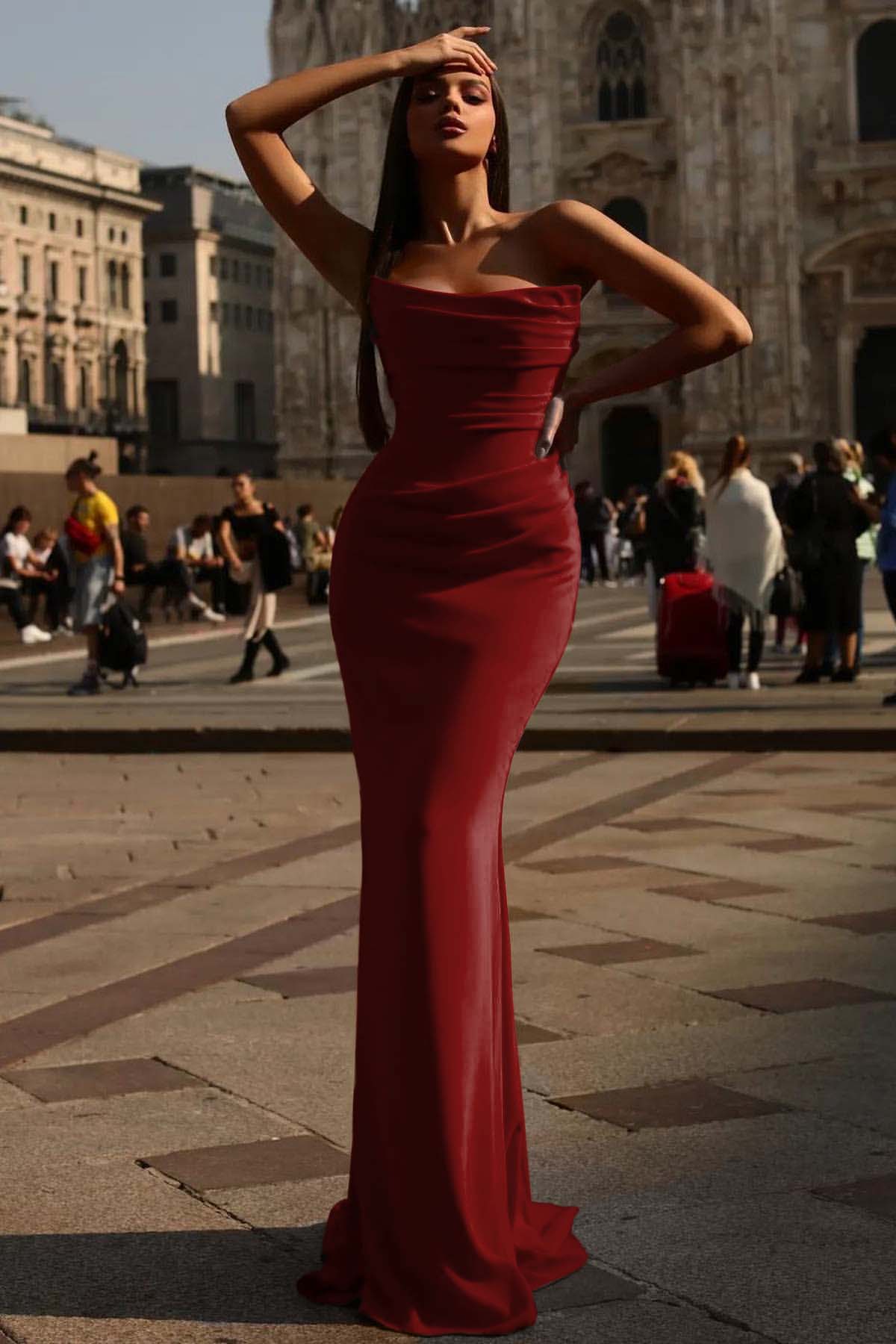 Sexy Strapless Prom Dress Red Sleeveless Pleated With Mermaid
