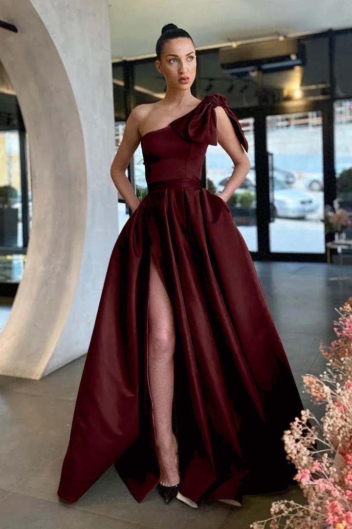 One Shoulder Sleeveless Long Split Prom Dress With Pockets Pleated