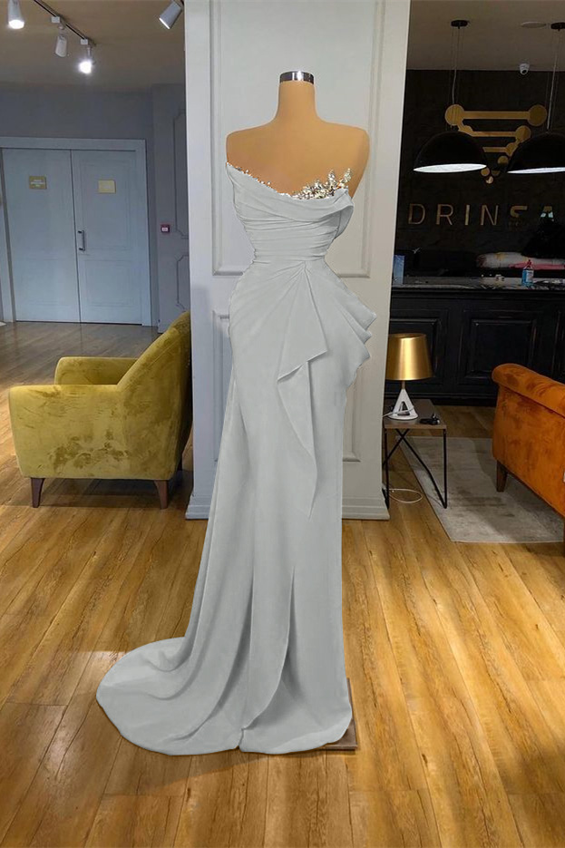 Orange Sequins Mermaid Online Strapless Pleated Prom Dress With Sleeveless